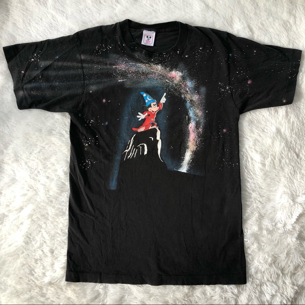 Vintage Disney Black Sorcerer Mickey Short Sleeve Tee with Red and Blue Accents